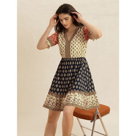 Casual Mod Print Colorblock Dotted V-Neck Short Sleeve Country Dress Sz XL - Picture 4 of 10